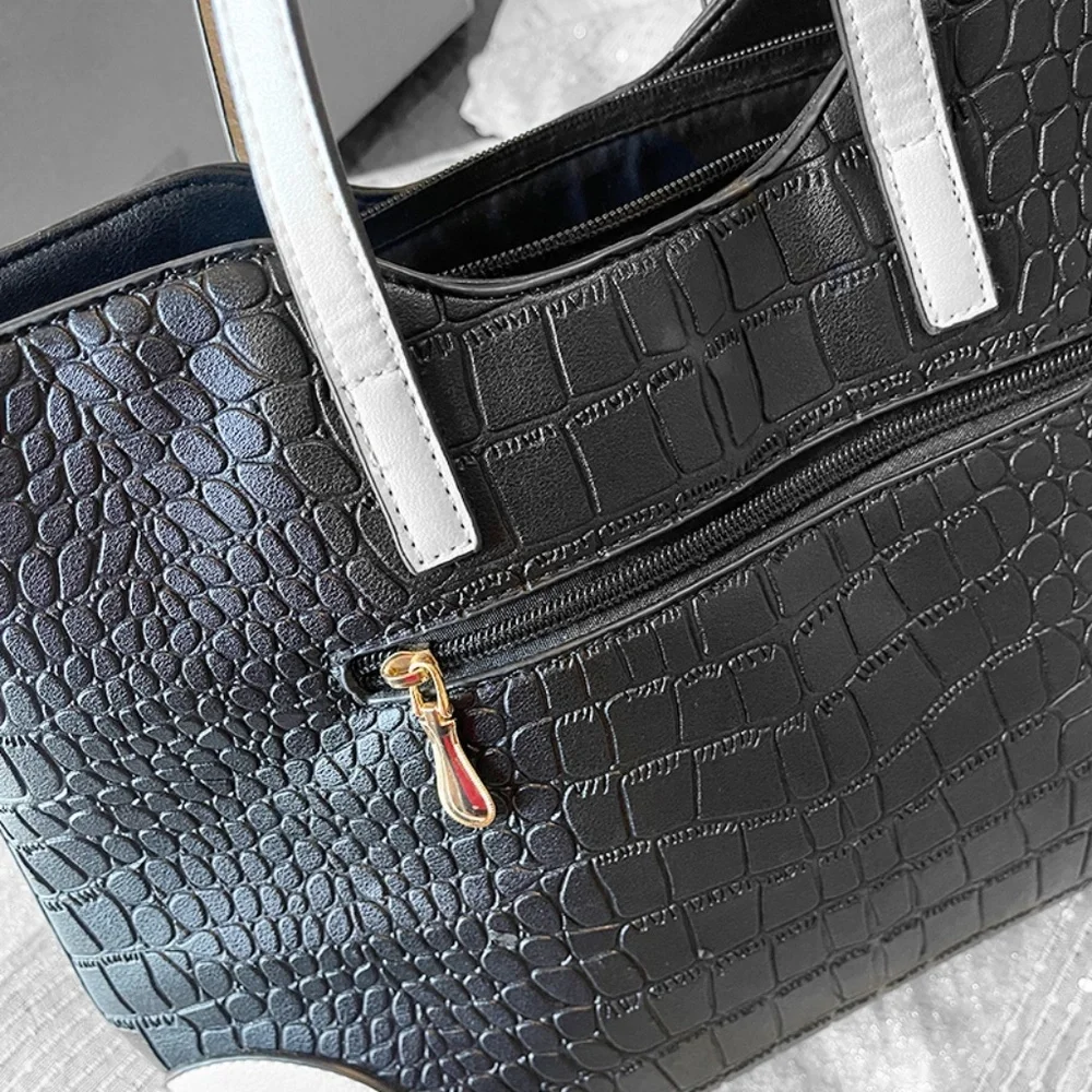 Black Croc Embossed Structured Tote Bag White Handles Top Handle Office Bag OS